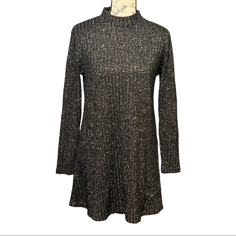Urban Outfitters Silver Metallic Ribbed Knit Skater Dress High-Neck Medium